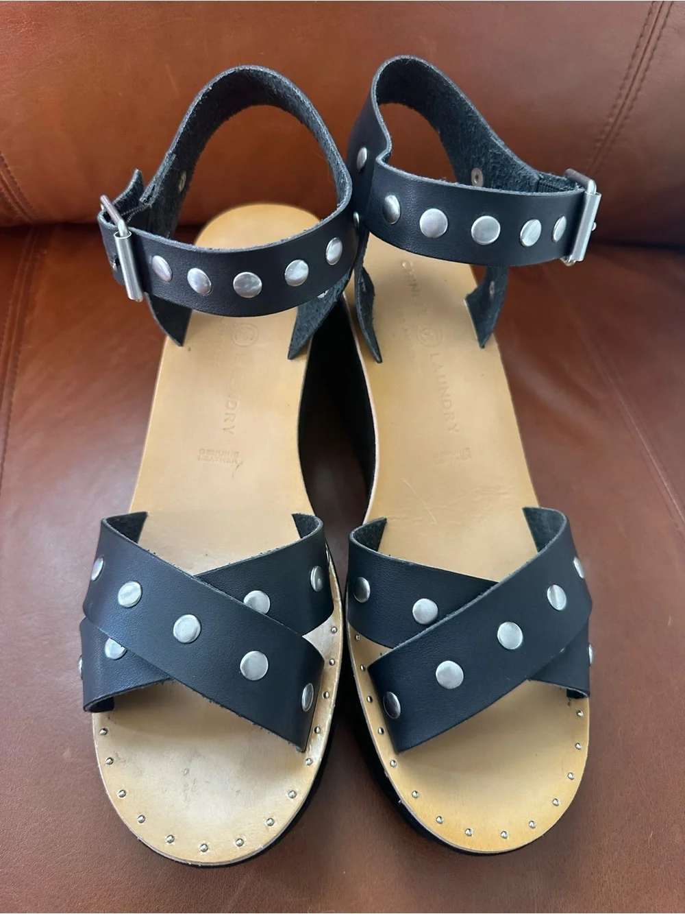 Chinese Laundry Black Leather Studded Ankle Strap Wedge Sandals  9